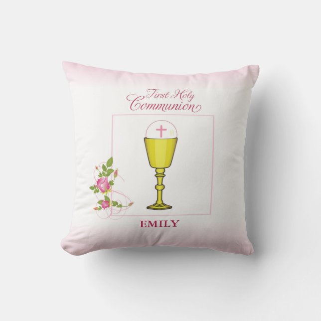 Girl Pink First Holy Communion, Chalice, Host, Ros Cushion (Front)