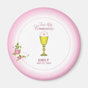 Girl Pink First Holy Communion, Chalice, Host, Ros Magnet