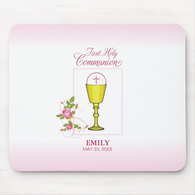 Girl Pink First Holy Communion, Chalice, Host, Ros Mouse Mat (Front)