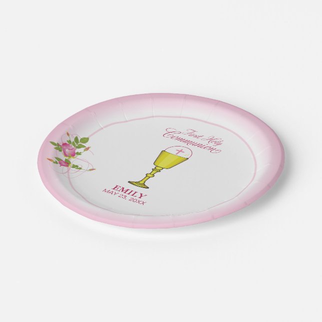 Girl Pink First Holy Communion, Chalice, Host, Ros Paper Plate (Angled)