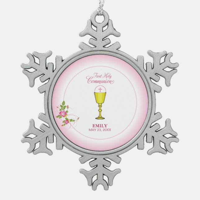 Girl Pink First Holy Communion, Chalice, Host, Ros Snowflake Pewter Christmas Ornament (Front)