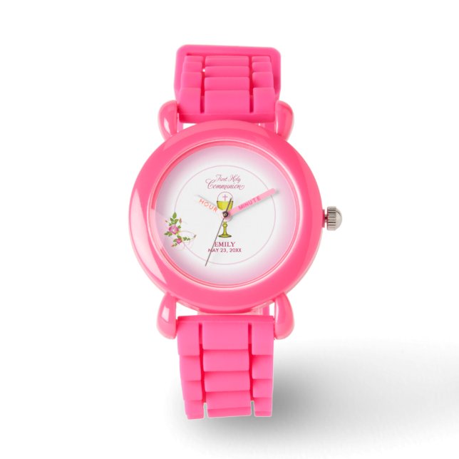 Girl Pink First Holy Communion, Chalice, Host, Ros Watch (Front)