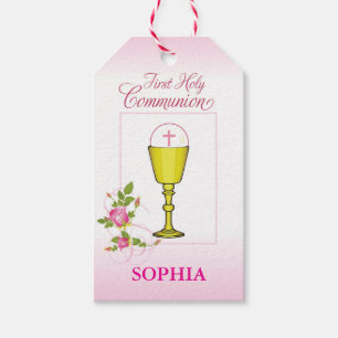 Girl Pink First Holy Communion Chalice Host Roses Gift Tags