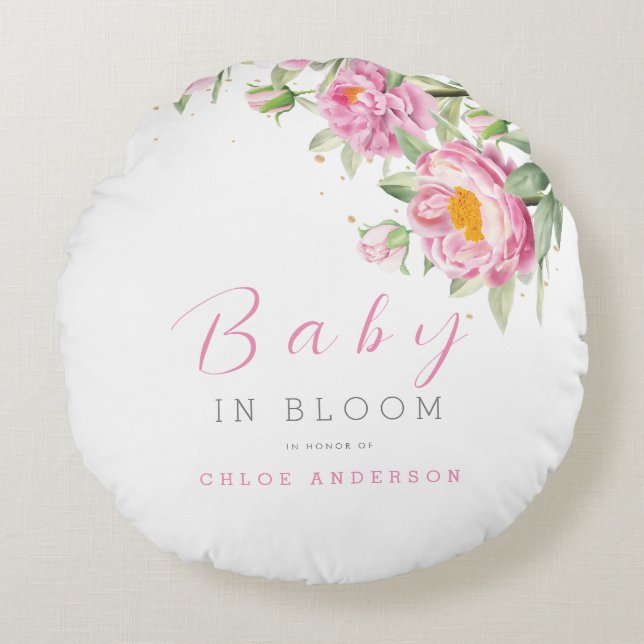 Girl Pink Floral Baby in Bloom Shower Cute Round Cushion (Front)