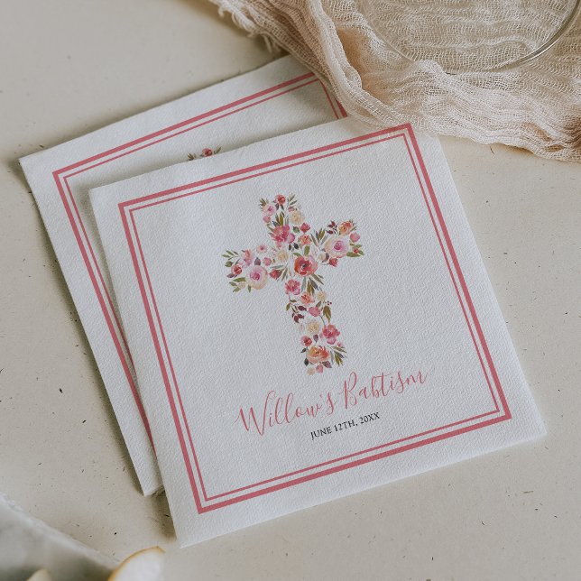 Girl Pink Floral Cross Babtism Communion Napkin (Creator Uploaded)