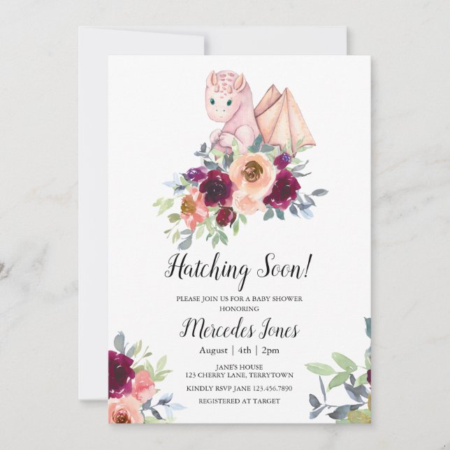 Girl Pink Floral Hatching Dragon Hatching Soon  Invitation (Front)