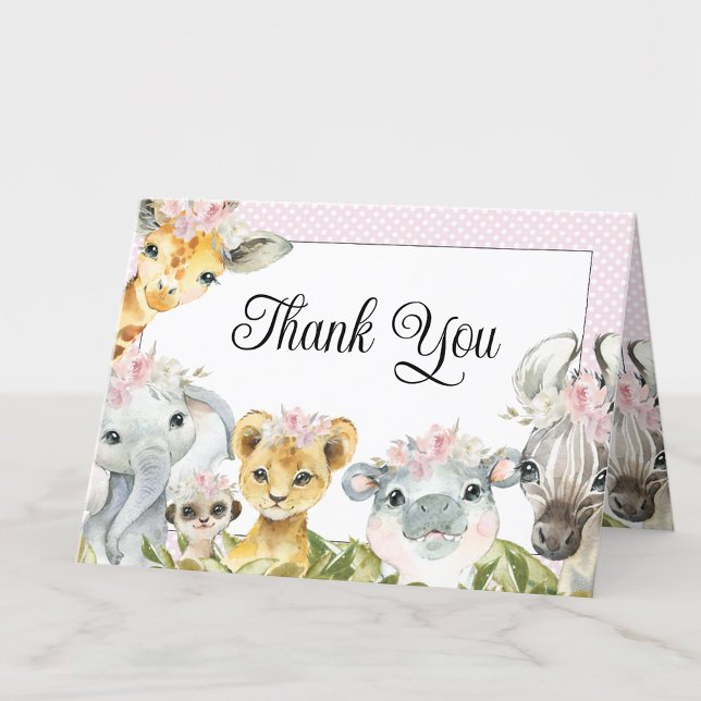 Girl Pink Floral Safari Baby Shower Thank You (Add your message or leave blank for your handwritten message.)