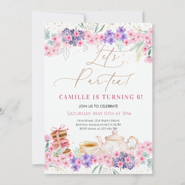 Girl Pink Floral Tea Party Birthday Invitation (Front)