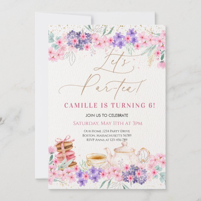 Girl Pink Floral Tea Party Birthday Invitation (Front)