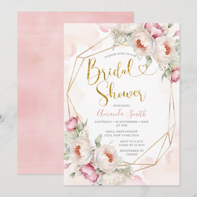 Girl Pink Flowers Bridal Shower Greenery  Invitation (Front/Back)