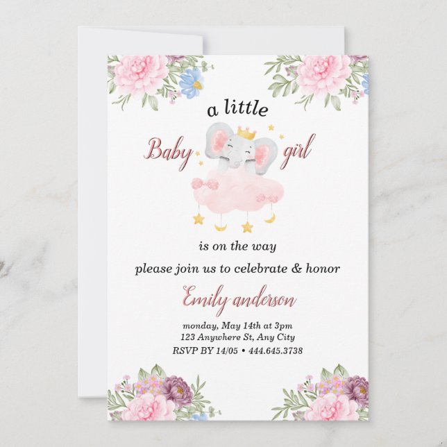 Girl Pink Flowers Elephant Baby Shower Invitation (Front)