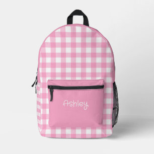 Girl Pink Gingham Pattern Personalised Name Printed Backpack