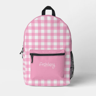 Girl Pink Gingham Pattern Personalised Name Printed Backpack