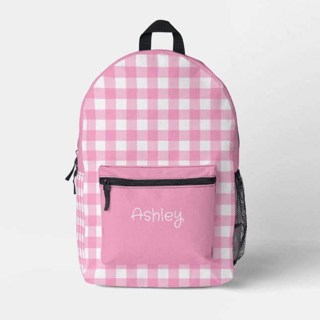 Girl Pink Gingham Pattern Personalised Name Printed Backpack (Front)