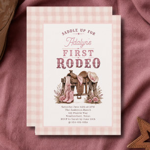 Girl Pink Gingham Vintage First Rodeo 1st Birthday Invitation