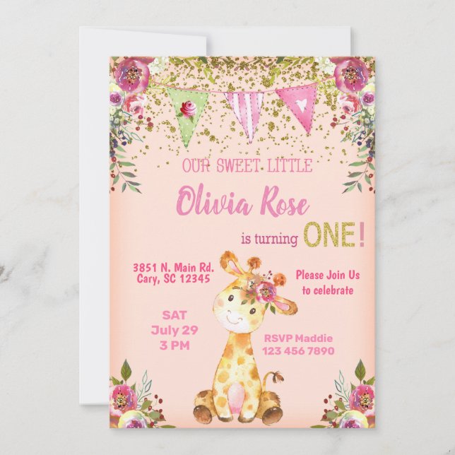 Girl pink giraffe 1st birthday invitation. invitation (Front)