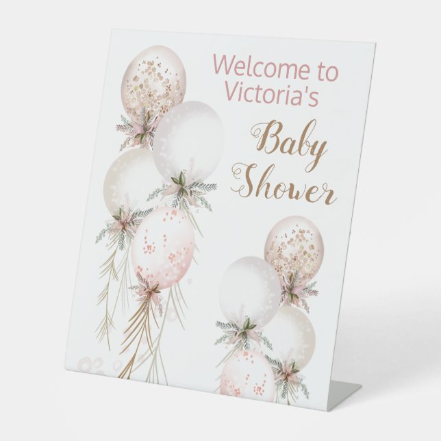 Girl Pink Gold Balloon Baby Shower Welcome Table Pedestal Sign (Front)
