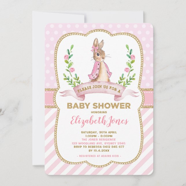 Girl Pink Gold Floral Bunny Rabbit Baby Shower Invitation (Front)