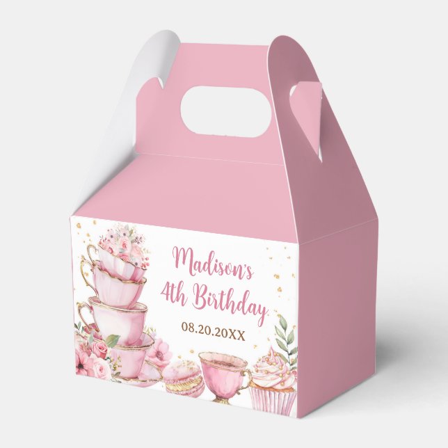 Girl Pink & Gold Floral Tea Party Birthday Favour Box (Front Side)