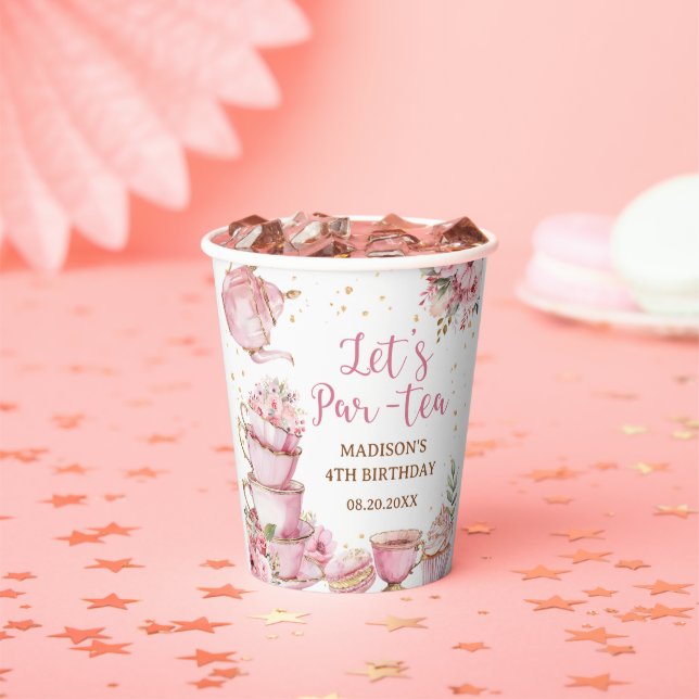 Girl Pink & Gold Floral Tea Party Birthday Paper Cups (Insitu)