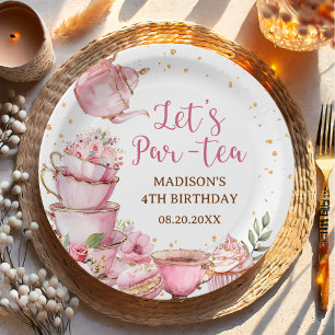 Girl Pink & Gold Floral Tea Party Birthday Paper Plate