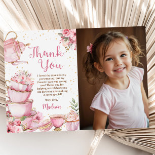 Girl Pink & Gold Floral Tea Party Birthday Photo Thank You Card