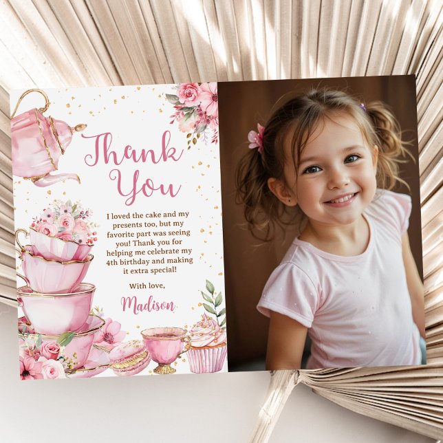 Girl Pink & Gold Floral Tea Party Birthday Photo Thank You Card (Creator Uploaded)