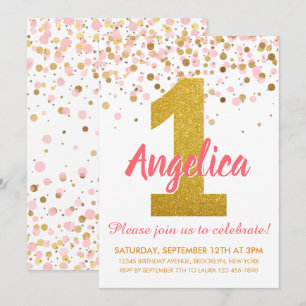 Girl Pink Gold Glitter Confetti First Birthday Invitation