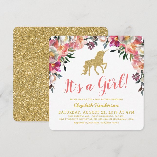 Girl Pink Gold Glitter Unicorn Baby Shower Invitation (Front/Back)