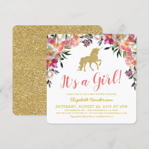 Girl Pink Gold Glitter Unicorn Baby Shower Invitation