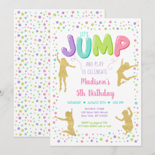 Girl Pink Gold Rainbow Jump Bounce Party Birthday Invitation