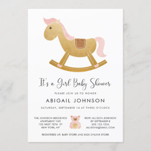 Girl Pink Gold Retro Rocking Horse Baby Shower Invitation