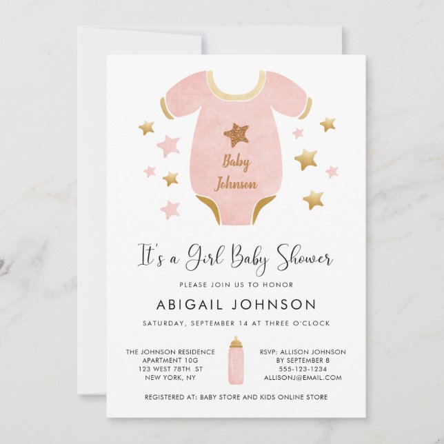 Girl Pink Gold Watercolor Retro Baby Shower Invitation (Front)