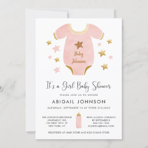 Girl Pink Gold Watercolor Retro Baby Shower Invitation