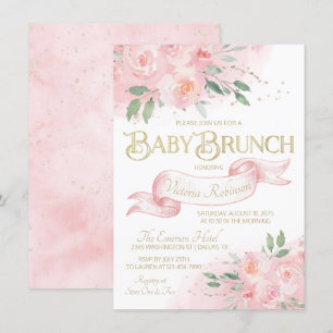 Girl Pink Gold Watercolor Rose Baby Brunch Invitation