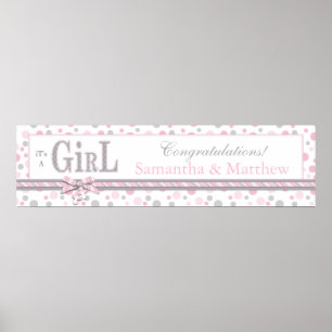 GIRL Pink Grey Dots Baby Shower Banner Poster