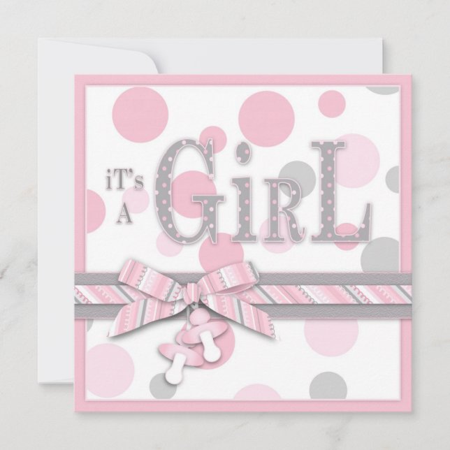 GIRL Pink Grey Dots Baby Shower Invitation (Front)