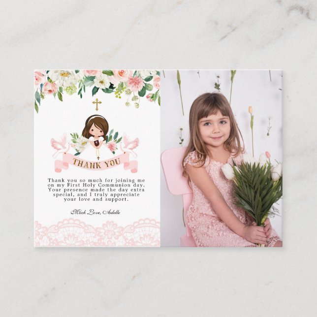 Girl Pink Holy Communion thank you card with photo (Front)