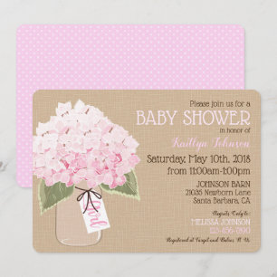 Girl Pink Hydrangea Mason Jar Rustic Baby Shower Invitation