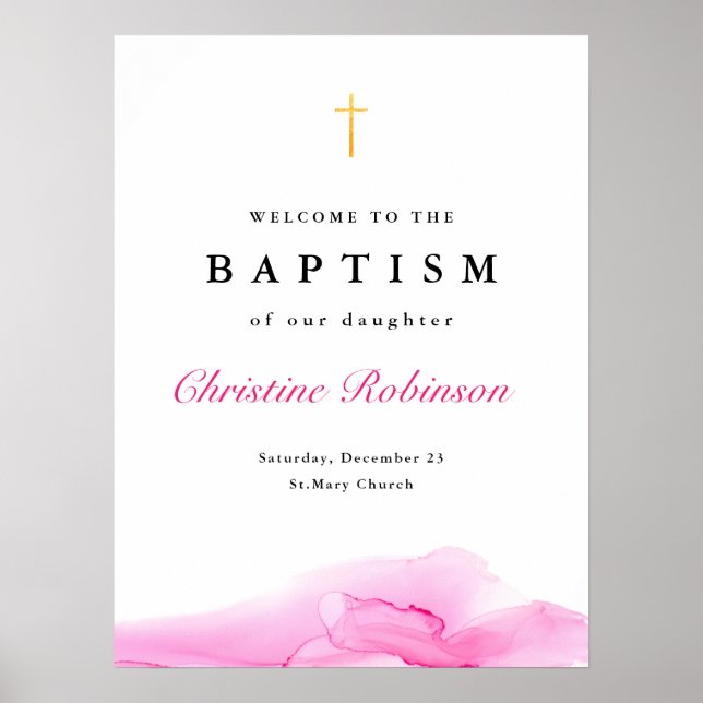 Girl Pink Ink Christening Baptism Welcome Poster (Front)
