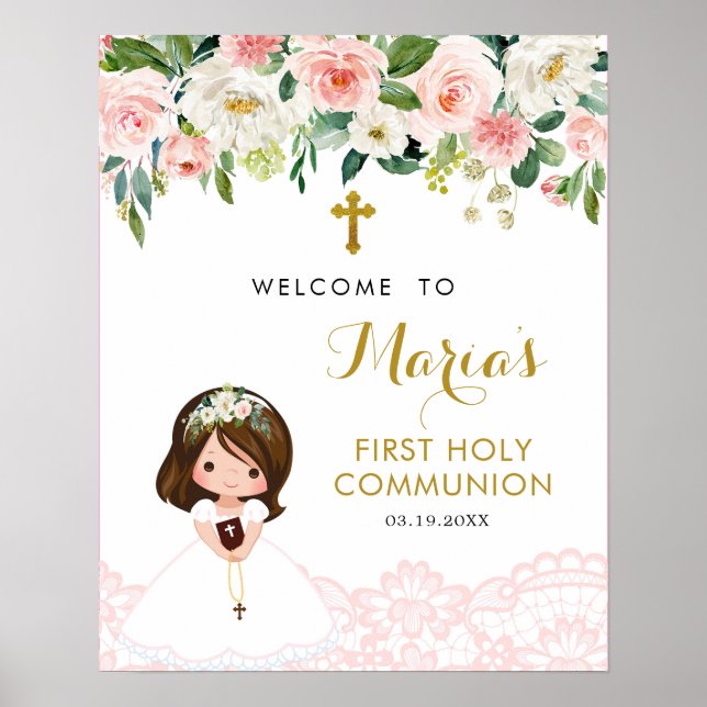 Girl Pink Lace Floral First Communion Welcome Sign (Front)