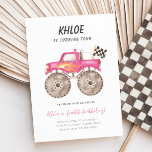 Girl Pink Monster Truck Bash Any Age Birthday Invitation