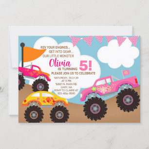 Girl pink monster trucks birthday invitation. invitation