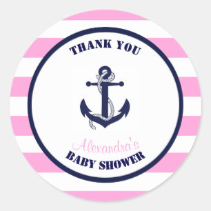 Girl Pink Nautical Baby Shower Thank You Favour Classic Round Sticker