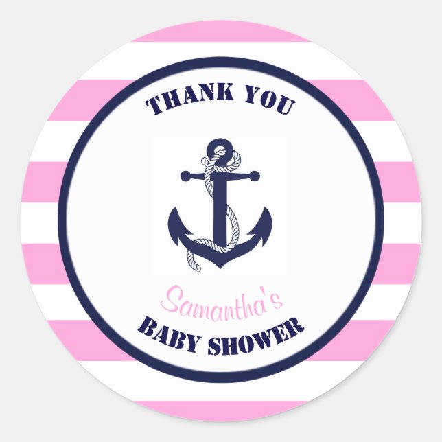 Girl Pink Nautical Baby Shower Thank You Favours Classic Round Sticker (Front)