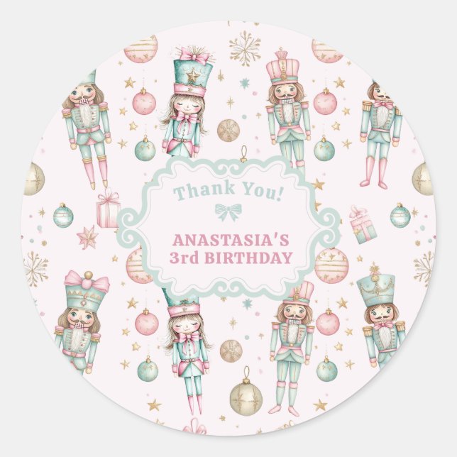 Girl Pink Nutcracker Birthday Thank You Classic Round Sticker (Front)