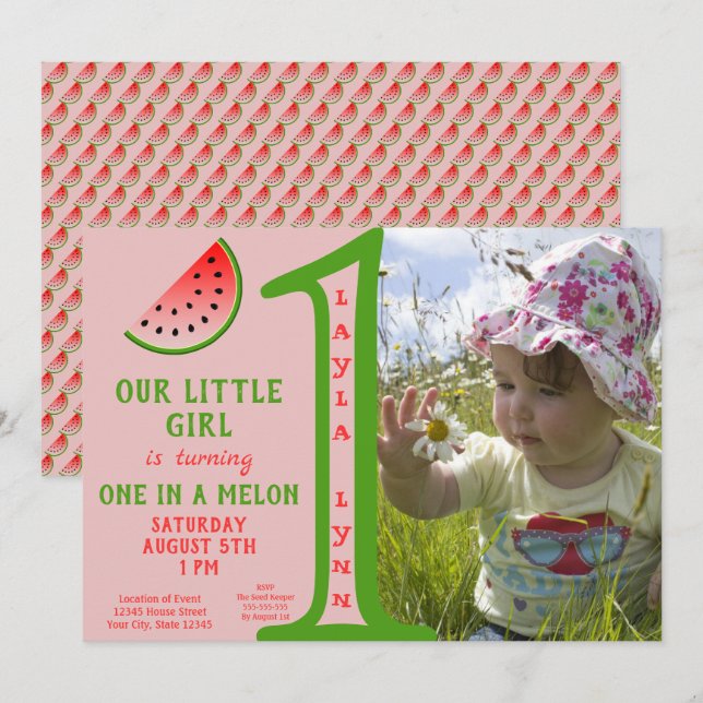 Girl Pink One In A Melon Themed 1st Birthday Photo Invitation (Front/Back)