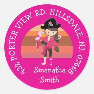Girl Pink Parrot Pirate Party  ADDRESS  Classic Ro Classic Round Sticker