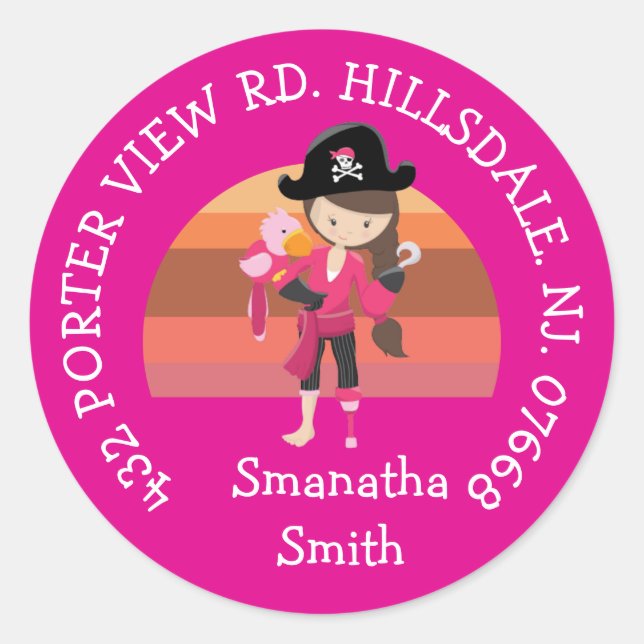 Girl Pink Parrot Pirate Party  ADDRESS  Classic Ro Classic Round Sticker (Front)