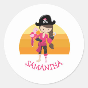 Girl Pink Parrot Pirate Party  Classic Round Sticker